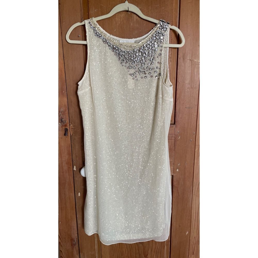 Elijah Cream Crystal and sequin embellished Sleeveless Silk shift Dress NWT